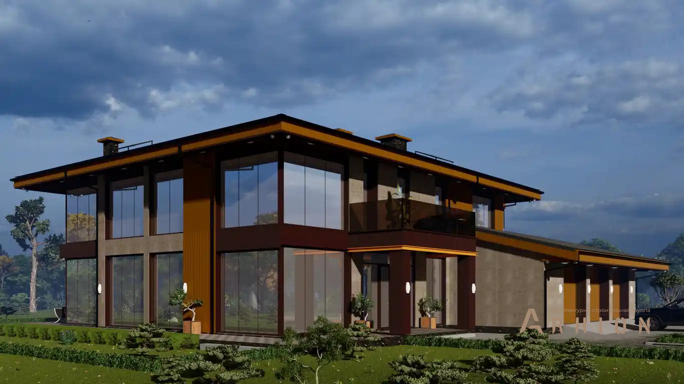 9. Проект двухэтажного дома в современном стиле с четырехскатной, h-1615, площадью - 726 кв c терассой, балконом, гаражом, вторым светом